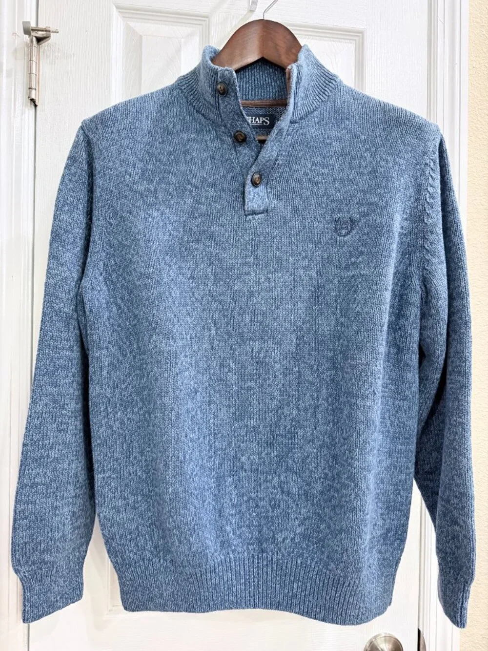 CHAPS Marled Knit Sweater Men’s Medium Blue Mock Neck Elbow Patch Pullover